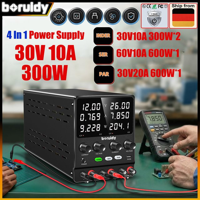 Boruidy Dual-Ausgangs-Labornetzteil in Schwarz mit unabhängiger Serien-Parallel-Funktion, Mehrkanal-Gleichstromversorgung, einstellbar 0-240V/0-20A, 4-in-1-Testnetzteil - Bild 1