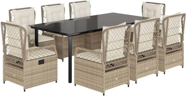 vidaXL 9-teilige Garten-Essgruppe aus Poly-Rattan mit Kissen in Beige und Cremeweiß - Bild 1