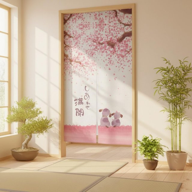 VIKAMA Warme Türvorhänge im japanischen Stil mit Happy Dog- und Kirschblütenmuster, Mehrfarbig - Bild 1