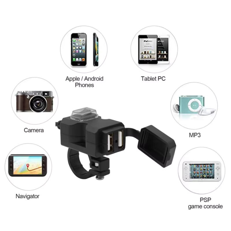 Wasserdichtes Dual USB Ladegerät für Motorrad Lenker mit 5V 1A/2,1A Adapter Netzteil Buchse in Schwarz für 12V-24V - Bild 4