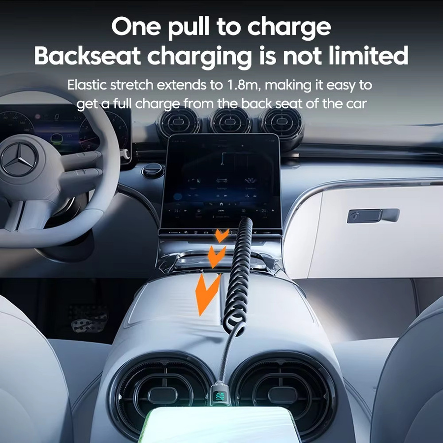 120W Auto-Spiral-Datenkabel mit Digitalanzeige, einziehbares USB-C-auf-Typ-C-Ladekabel in Schwarz für iPhone 15, Samsung, Huawei und Xiaomi - Bild 6