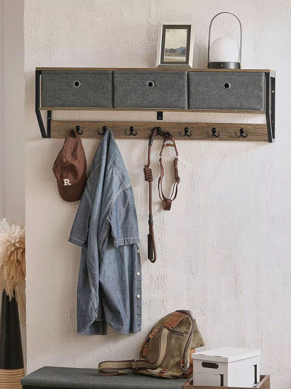 SoBuy Wandgarderobe im Industrial Design mit 3 Körben und 7 Haken, B/T/H: 100 x 30 x 20 cm - Bild 6