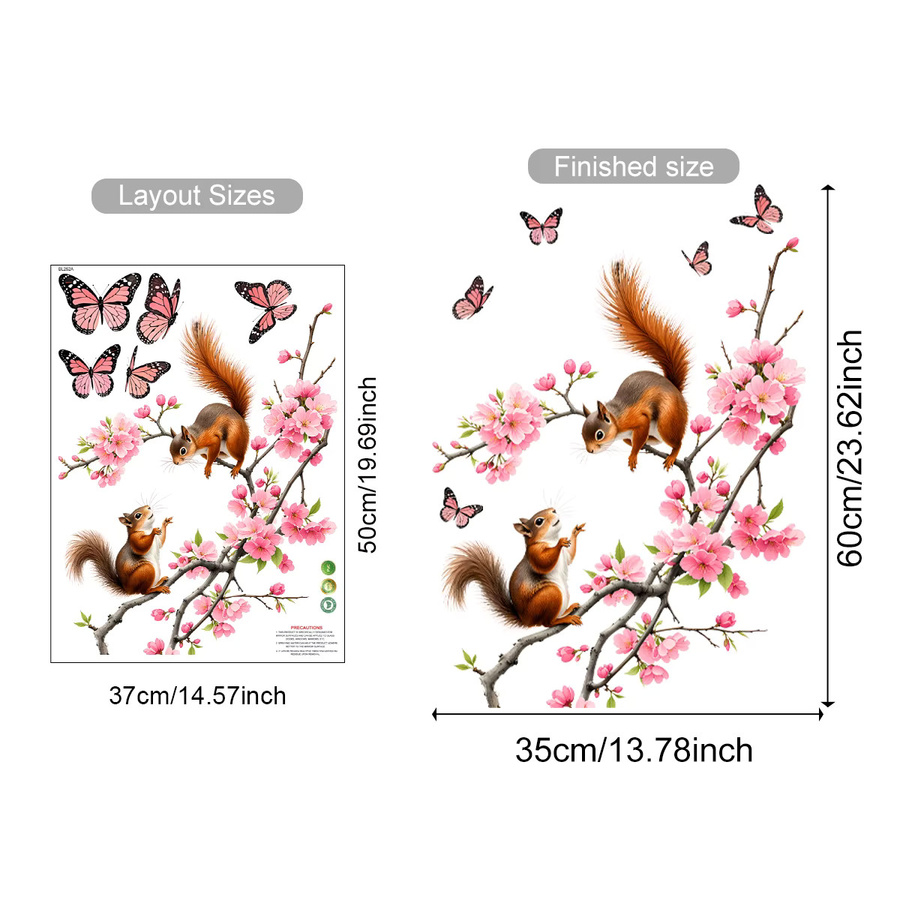 Kingsmile Fensteraufkleber mit Eichhörnchen und Kirschblüten, wiederverwendbare Sakura-Dekoration in Mehrfarbig - Bild 5