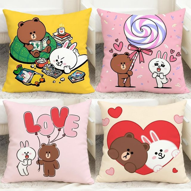 Line Town Brown Bear und C-Cony Kissenbezug, wendbares quadratisches Design, Schwarz/Mehrfarbig, B/T/H: 30 x 30 x 30 cm - Bild 1