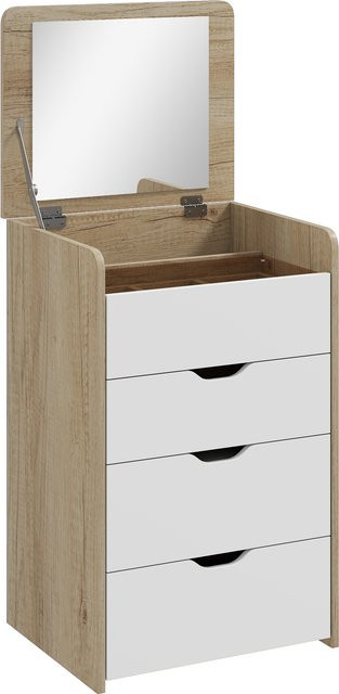HOMCOM 3-in-1 Schminktisch mit klappbarem Spiegel, versenkbarem gepolstertem Hocker auf Rollen, 3 Schubladen und Glasplatte in Rovere und Weiß - Bild 1