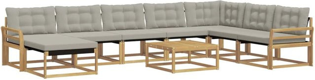vidaXL Outdoor-Sofagarnitur 9-tlg. in L-Form aus Akazienholz mit Textilene-Bezug und Polstern, Weiß, Grau und Braun, B/T/H: 79 x 79 x 37 cm - Bild 1