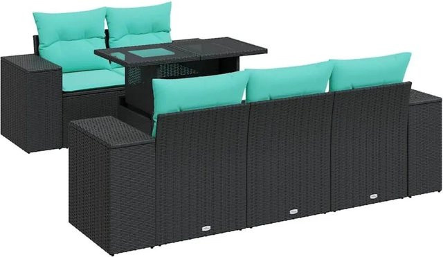 vidaXL 6-teilige Garten-Sofagarnitur in L-Form aus schwarzem Poly-Rattan mit Tisch und Kissen - Bild 1