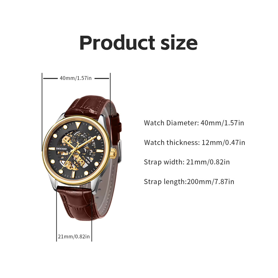 Deesio Herren-Skelettuhr, Automatik, Edelstahl, Lederarmband, Saphirglas, Schwarz - Bild 6