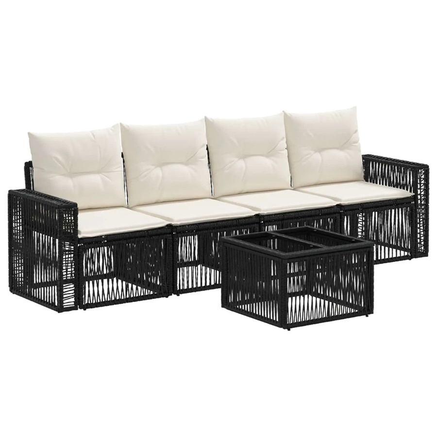 vidaXL Gartensofa-Set 5-teilig aus Poly-Rattan und Metall in Schwarz und Cremeweiß mit Polsterung und Ottoman - Bild 2