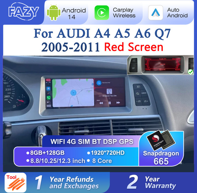 FAZY Android 14 Autoradio-Player mit CarPlay und GPS-Navigation für Audi A4 A5 A6 Q7 MMI 2G Basic, Roter Bildschirm - Bild 1