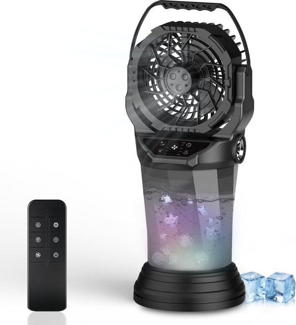 Tragbarer Akku Ventilator mit 15000mAh, Sprühnebel-Funktion, LED-Licht und 3 Luftauslässen, USB-Anschluss, Schwarz - Bild 1