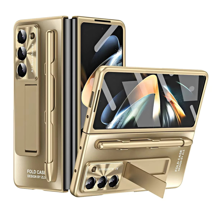 Samsung Galaxy Z Fold 6 5 4 3 5G Schutzhülle mit Scharnierabdeckung, Stifthalter und mattem Vollbildschutz in Gold - Bild 2