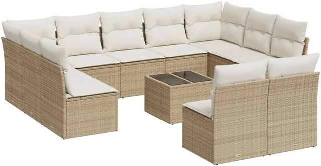 vidaXL 12-teilige Garten-Sofagarnitur aus Polyrattan in Beige mit L-Form, Sitzmöbel-Set mit Tisch und Polsterkissen inklusive Stauraum - Bild 1