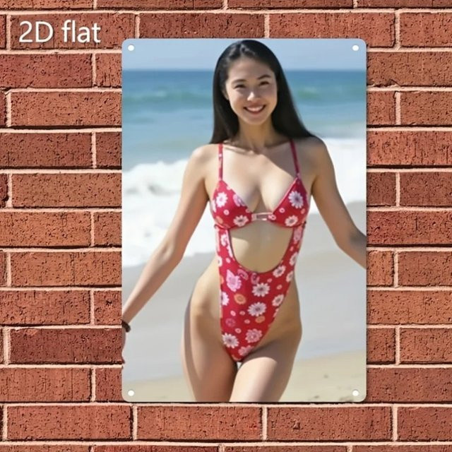 CIFBUY Retro-Metallwandkunst mit Bikini und Blumen in Rot, rechteckiges Wandbild für Zuhause, Bar oder Café, B/H: 30,0 x 20,0 cm - Bild 1