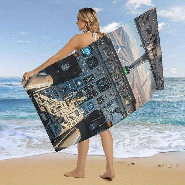 JMG Household Supplies Mikrofaser Strandtuch mit Flugzeug Cockpit Aviation Druck, schnelltrocknend und weich, Mehrfarbig, B/H: 80 x 160 cm - Bild 1