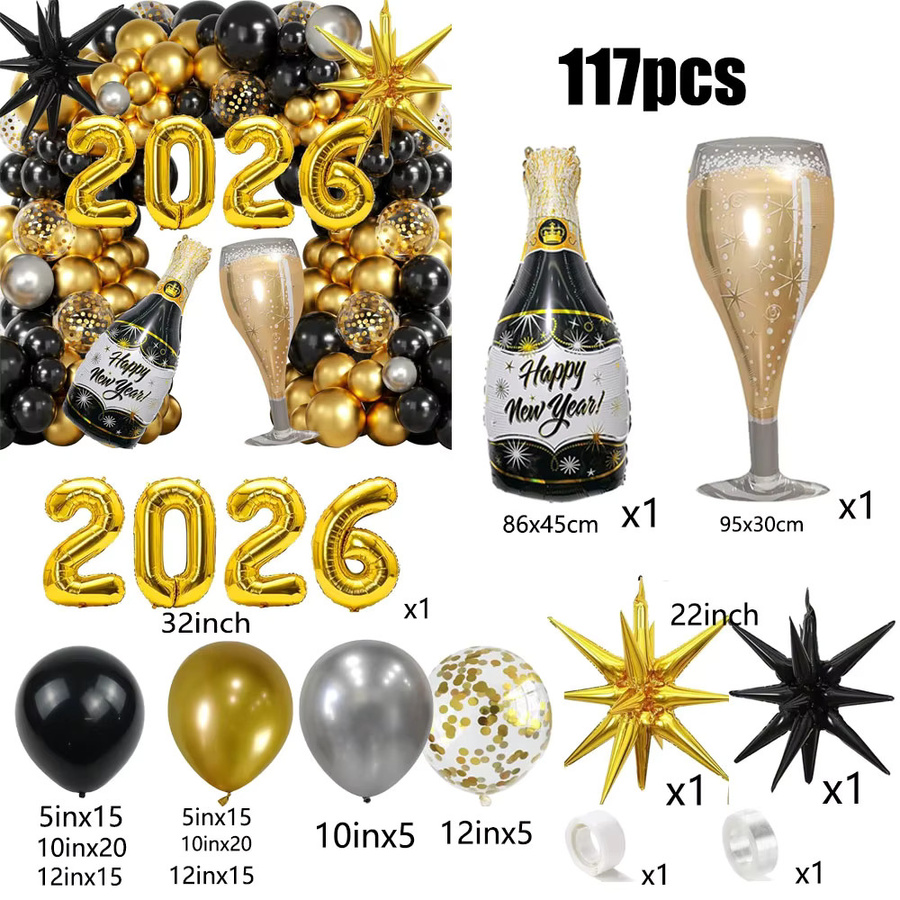 Silvester Party Set Gold mit Folienballons in Form von Weinflasche und Weinglas für das Jahr 2026 - Bild 4