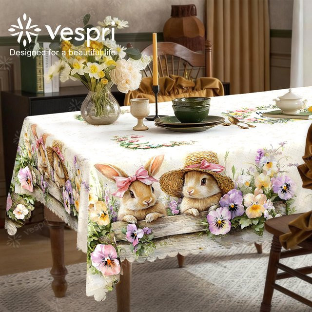 Vespri Oster-Tischdecke aus Polyester in Weiß-Lila mit Blumen- und Hasenmuster für Party und Festlichkeiten, Rund - Bild 1