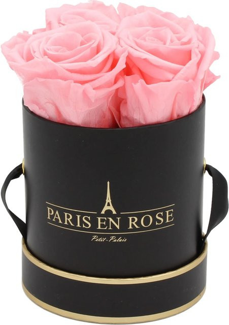 PARIS EN ROSE Rosenbox Schwarz-Gold mit 4 rosa Rosen, Durchmesser: 10 cm - Bild 1