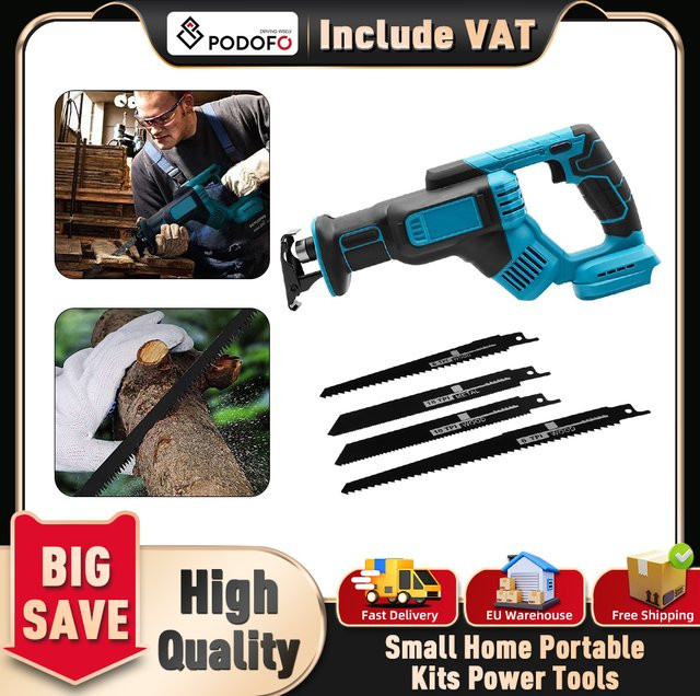 Podofo Akku-Säbelsäge kompatibel mit Makita LXT, kabellose elektrische Säge mit 2500 SPM und 4 Sägeblättern für Holz, PVC und Metall - Bild 1