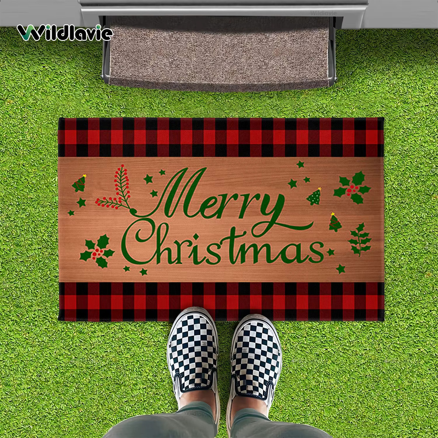 VIKAMA Weihnachtliche Haustürmatte im rot-schwarz karierten Design, waschbare Willkommensmatte für den Außenbereich und die Küche, B/B/H: 60 x 40 x 1 cm - Bild 2