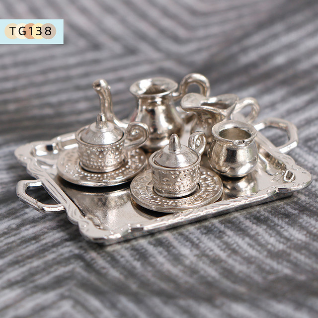 eelhoe Puppenhaus-Miniatur-Set, 10-teiliges Set, silbernes Metall, Tee- und Kaffeetablett, Geschirrset - Bild 1