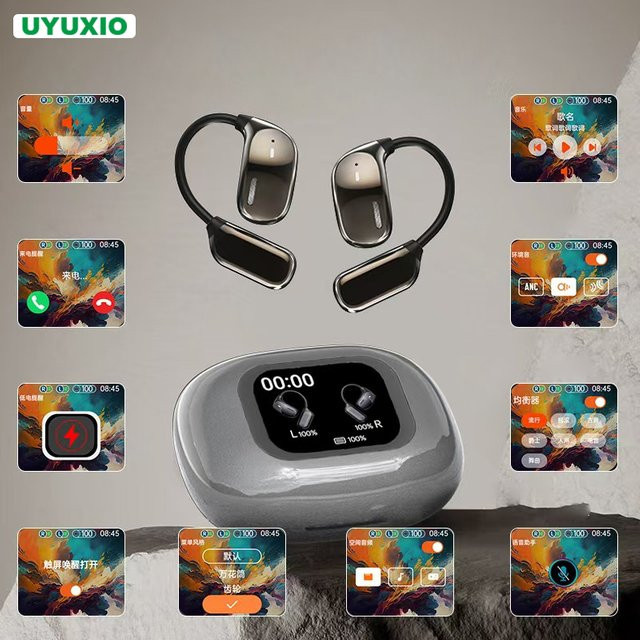 UYUXIO Drahtlose Open-Ear Ohrhörer mit LCD-Touchscreen, Bluetooth 5.4, OWS und AI-Sprachübersetzung für 144 Sprachen, Schwarz - Bild 1