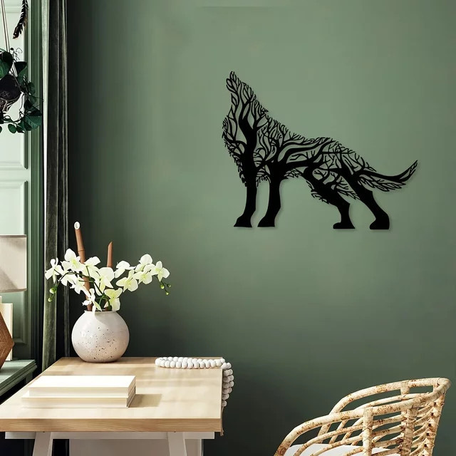 CIFbuy Wanddekor Wolf und Baumzweig aus Eisen in Schwarz, abstraktes Metall-Wandbild für dein Wohnzimmer - Bild 1