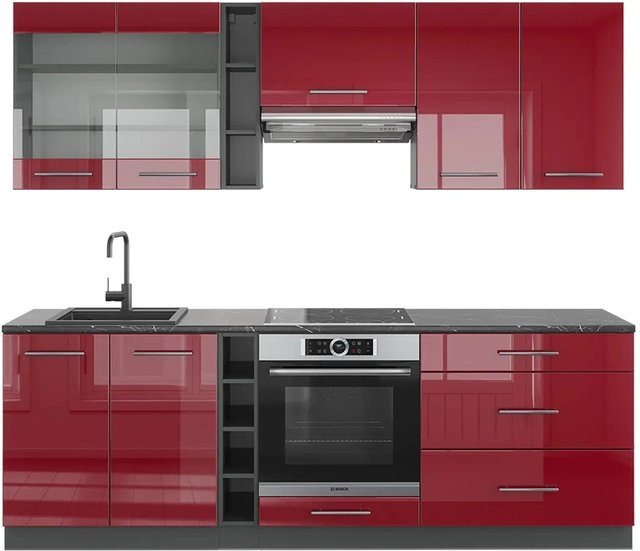 Vicco Fame-Line Küchenzeile Bordeaux Hochglanz und Anthrazit Breite: 235 cm - Bild 1