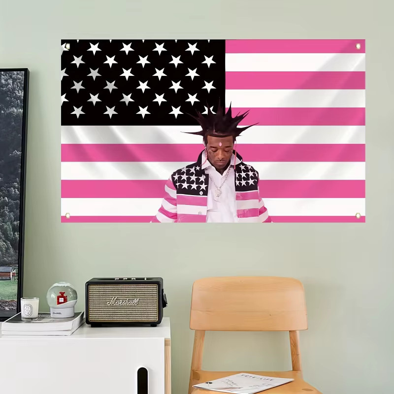 VIKAMA Wandteppich in Rosa mit amerikanischer Flagge und Hip-Hop-Motiv zur Raumdekoration - Bild 4