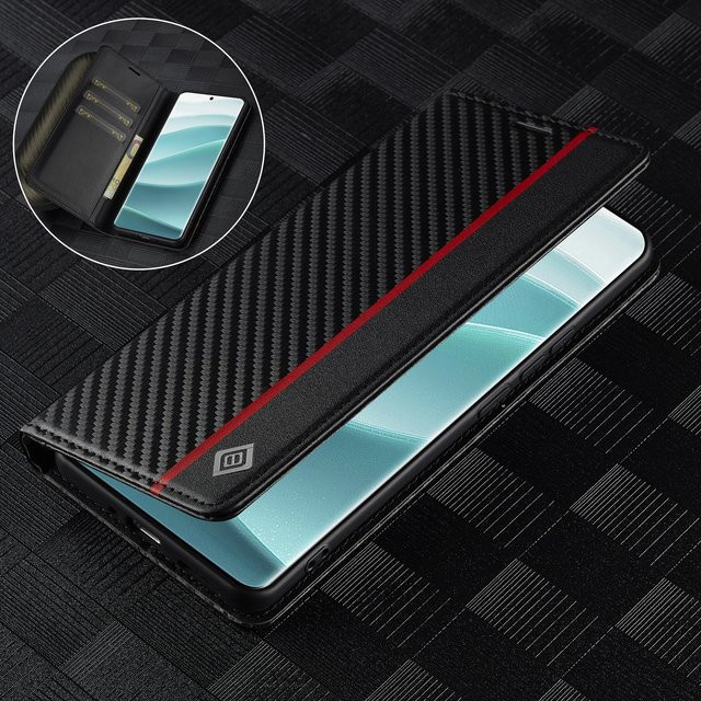 Luxuriöse magnetische Flip-Hülle aus Leder und Kohlefaser für Redmi Note 15, 14 Pro Plus, 13, 13C und 14C in Schwarz und Rot mit Kartenetui und Standfunktion - Bild 1
