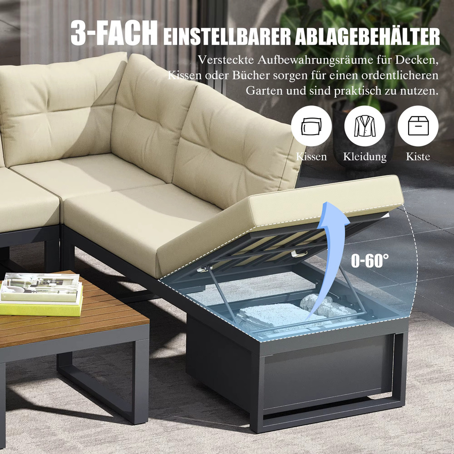 LVHOM Modulares L-förmiges Outdoor-Ecksofa mit Aluminiumrahmen, Holztisch und Kissen in Beige und Weiß, wetterfestes Garten- und Terrassen-Set mit Stauraum - Bild 4