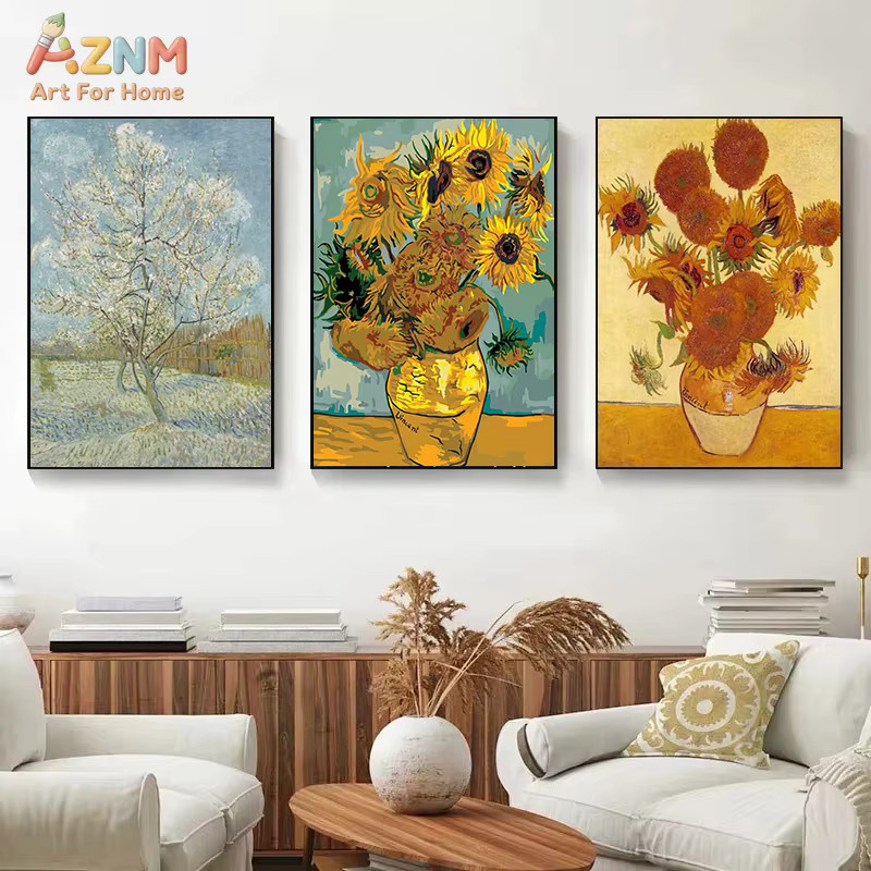 AZNM Van Gogh Klassische Ölgemälde Wandkunst als Rahmenlose Leinwand mit Sternennacht, Sonnenblumen und Selbstporträt in Mehrfarbig - Bild 3