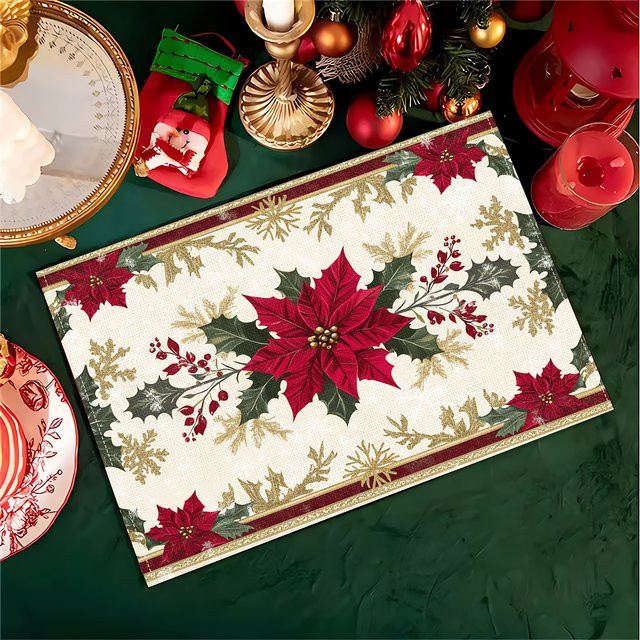 VIKAMA 4-teiliges Weihnachts-Tischset mit Weihnachtsstern aus Leinen in Rot und Gold - Bild 1