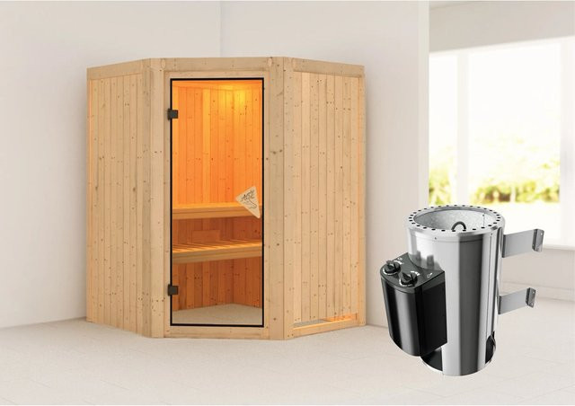 Karibu Sauna mit integriertem Ofen aus Profilholz in Braun, B/T/H: 151 x 151 x 151 cm - Bild 1