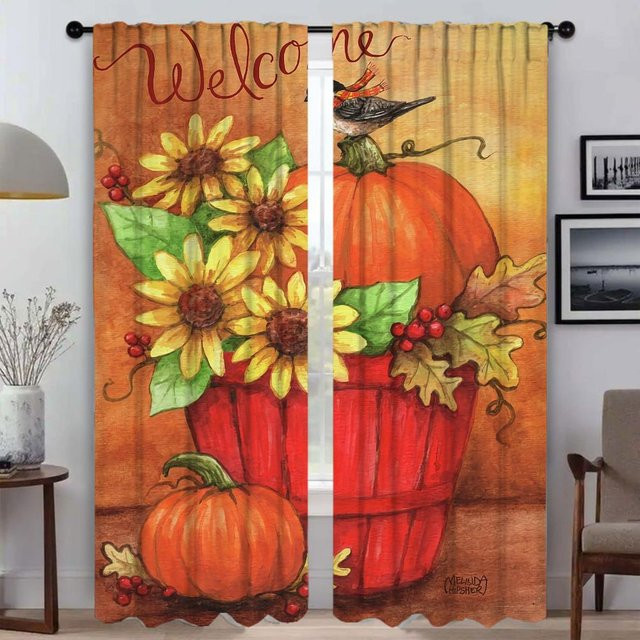 2er-Set Moskitonetz-Vorhänge mit Kürbis- und Sonnenblumen-Print als Verdunkelungsvorhang aus Tüll für dein Schlafzimmer, Mehrfarbig, Breite: 50 cm, Höhe: 70 cm - Bild 1