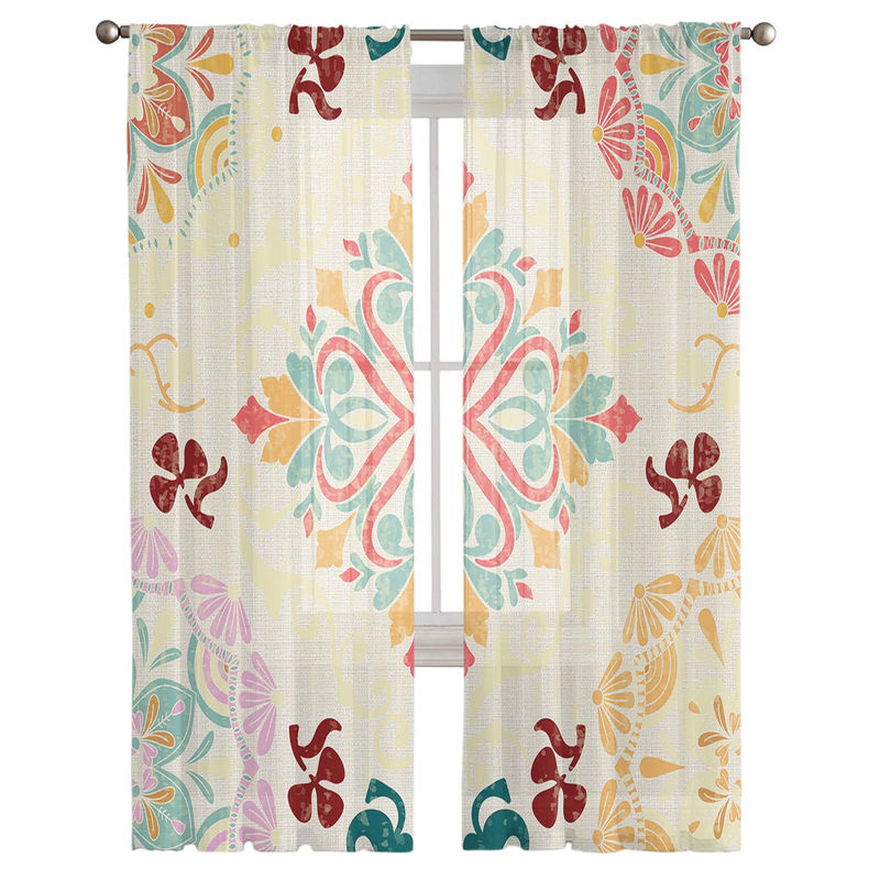 Super Six Transparenter Tüll-Fenstervorhang mit Persischem Vintage-Geometrie-Muster in Weiß und Multicolour, B: 135 cm, H: 114 cm - Bild 3