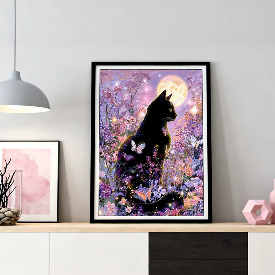 HUACAN Diamant-Mosaik-Kunst Set Katze und Blumen in Schwarz und Multicolour, 5D DIY Set mit runden Steinen - Bild 2