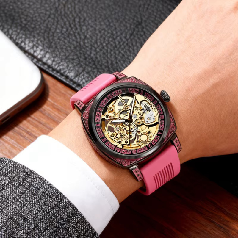 CAROTIF Armbanduhr, mechanisch, Schwarz, Rosa, Silikon, Herren - Bild 6