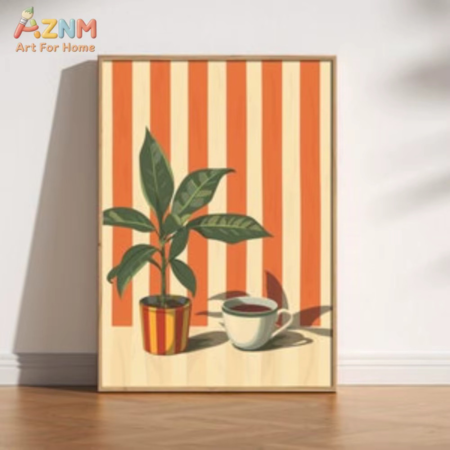 AZNM Retro Wandkunst Poster mit Espresso Kaffee Croissant und Pflanzen Illustration auf gestreifter Leinwand für deine Café oder Heimdekoration - Bild 2