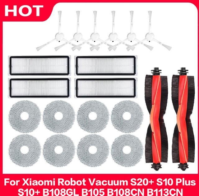 QIXIAO Ersatzteil-Set für Xiaomi Robot Vacuum S20 Plus, S10 Plus, B108GL, B105, B108CN, B113CN in Weiß mit Mopp, Filter, Hauptbürste und Zubehör - Bild 1