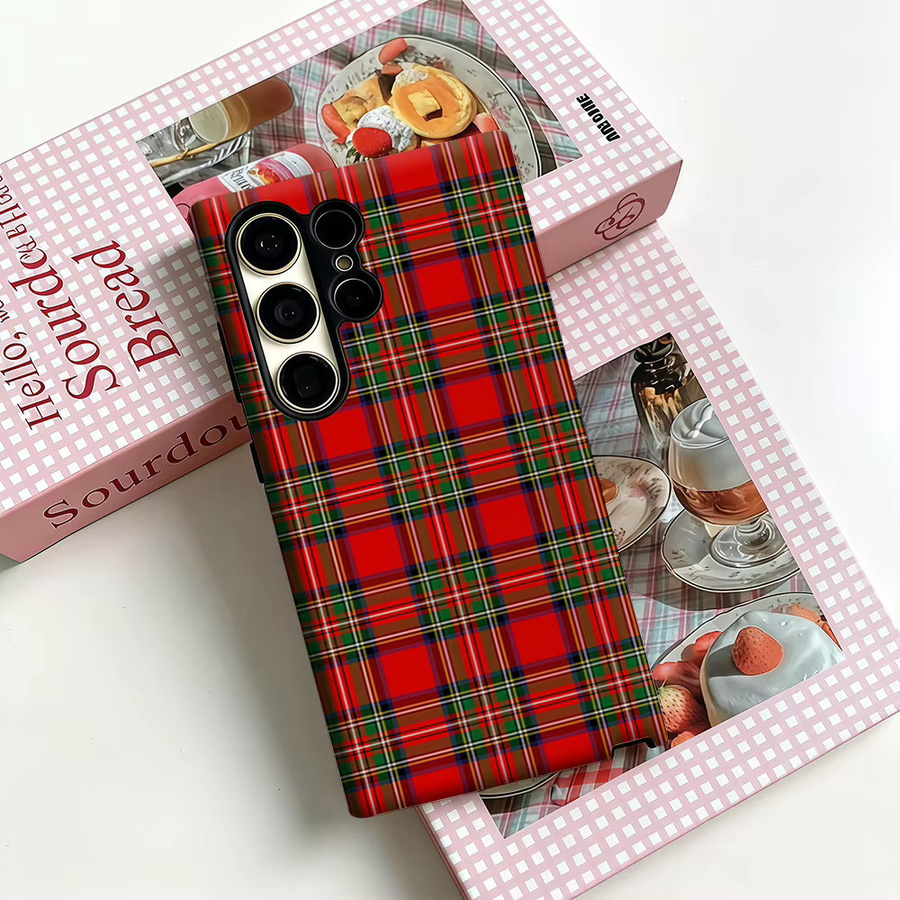 Stoßfeste Doppelschicht Handyhülle mit rot-grünem Weihnachts-Karomuster für Samsung Galaxy S25 Ultra, S24 und S23 Ultra Plus - Bild 3