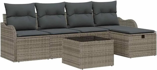 vidaXL Garten-Sofa-Set aus Poly-Rattan in Grau, 6-teiliges L-Shape Lounge-Set mit Kissen, Ottoman und Couchtisch inklusive integriertem Stauraum - Bild 1
