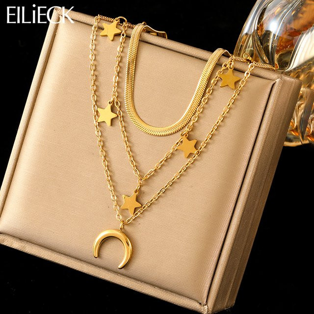 EILIECK Halskette Sterne Mond Anhänger, Edelstahl, Gold, Damen - Bild 1