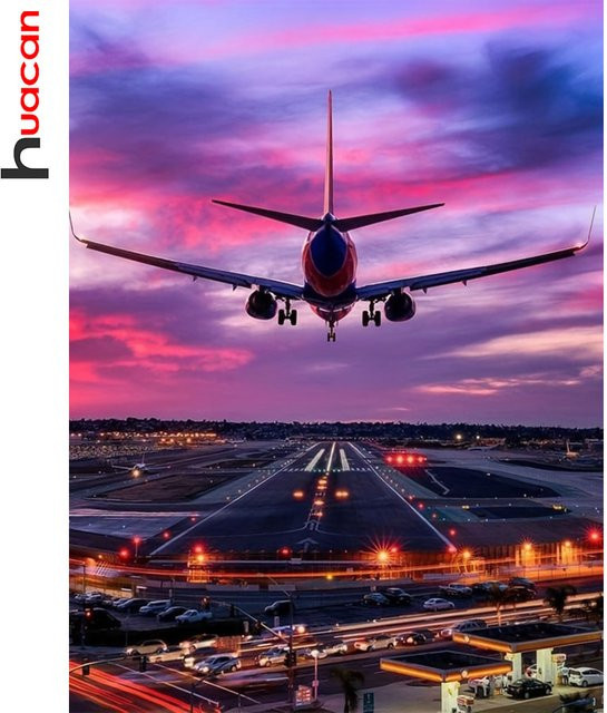 Huacan Diamantmalerei-Set Flugzeug-Landschaftsmotiv in Multicolour, Rundes Strass-Bild für die Wandgestaltung, Breite: 30,0 cm, Höhe: 20,0 cm - Bild 1