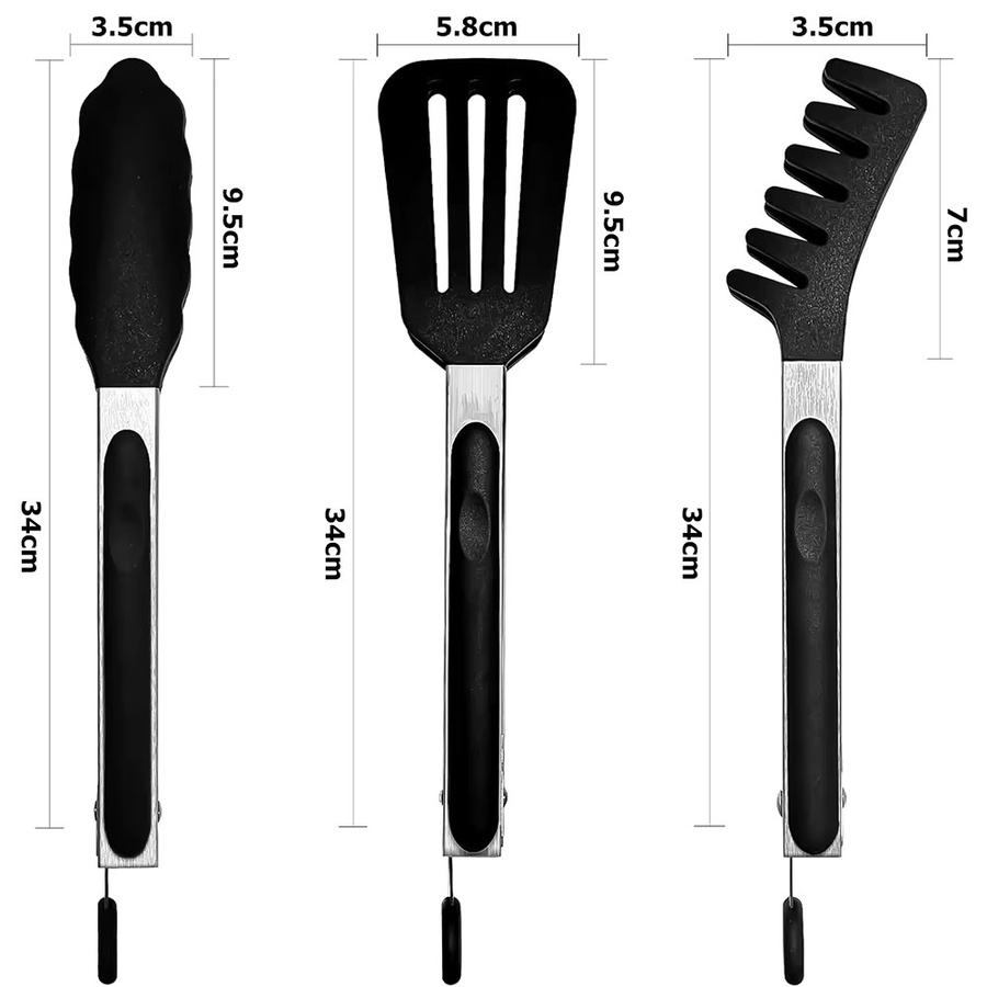 LMETJMA 3-in-1 Küchen-Kochzangen-Set aus Silikon und Edelstahl in Schwarz, hitzebeständige und kratzfeste Grillzange JT303 - Bild 2