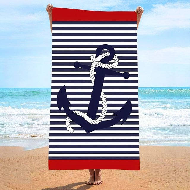 Anchor Gestreiftes nautisches Strandtuch aus Mikrofaser, schnell trocknend und saugfähig, marineblau/mehrfarbig - Bild 1