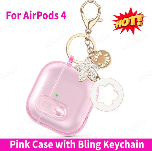 SZKOSTON Schutzhülle für AirPods 4 in Rosa Transparent mit Bling-Schlüsselanhänger aus weichem TPU - Bild 1