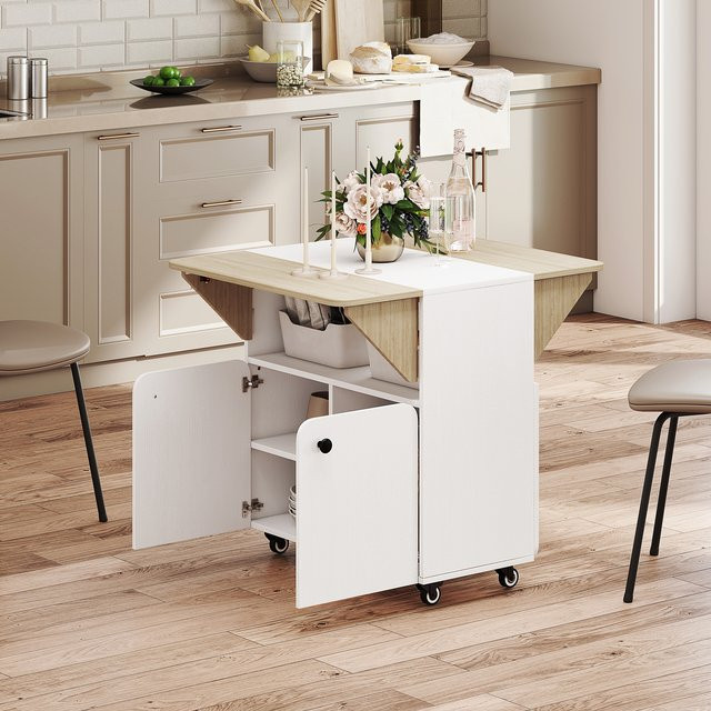 Svintora Mobiler Küchenwagen in Weiß mit klappbarem Esstisch und Stauraum aus MDF in modernem Matt-Design - Bild 1