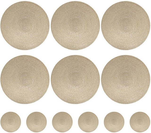YTO Home 1 Set aus 6 runden geflochtenen Tischsets und Untersetzern, beige, rutschfest und hitzebeständig - Bild 1