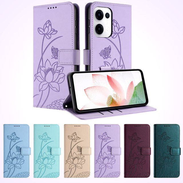 Blumen Leder Handyhülle im Buchdesign für Oppo Reno 14F 13 12 11 Pro 5G A3 A5 A60 A79 A78 A58 A38 A57 A17 A94 A74 5G Flip-Cover in Grün und Lila - Bild 1